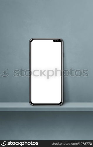 Mobile phone on grey wall shelf. Vertical background. 3D Illustration. Mobile phone on grey wall shelf. Vertical background