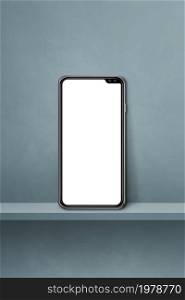 Mobile phone on grey wall shelf. Vertical background. 3D Illustration. Mobile phone on grey wall shelf. Vertical background