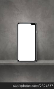 Mobile phone on grey wall shelf. Vertical background. 3D Illustration. Mobile phone on grey wall shelf. Vertical background