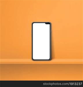 Mobile phone on orange wall shelf. Square background. 3D Illustration. Mobile phone on orange wall shelf. Square background
