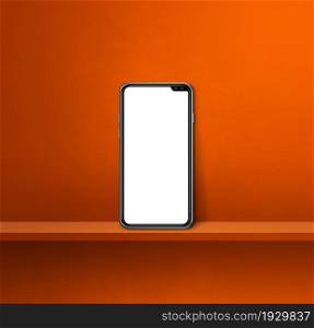 Mobile phone on orange wall shelf. Square background. 3D Illustration. Mobile phone on orange wall shelf. Square background