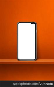 Mobile phone on orange wall shelf. Vertical background. 3D Illustration. Mobile phone on orange wall shelf. Vertical background