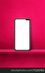 Mobile phone on pink wall shelf. Vertical background. 3D Illustration. Mobile phone on pink wall shelf. Vertical background