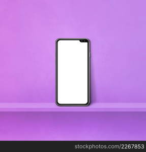 Mobile phone on purple wall shelf. Square background. 3D Illustration. Mobile phone on purple wall shelf. Square background