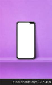 Mobile phone on purple wall shelf. Vertical background. 3D Illustration. Mobile phone on purple wall shelf. Vertical background