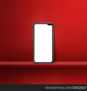 Mobile phone on red wall shelf. Square background. 3D Illustration. Mobile phone on red wall shelf. Square background