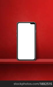 Mobile phone on red wall shelf. Vertical background. 3D Illustration. Mobile phone on red wall shelf. Vertical background