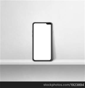 Mobile phone on white concrete wall shelf. Square background. 3D Illustration. Mobile phone on white concrete wall shelf. Square background