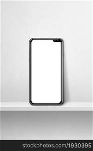 Mobile phone on white concrete wall shelf. Vertical background. 3D Illustration. Mobile phone on white concrete wall shelf. Vertical background