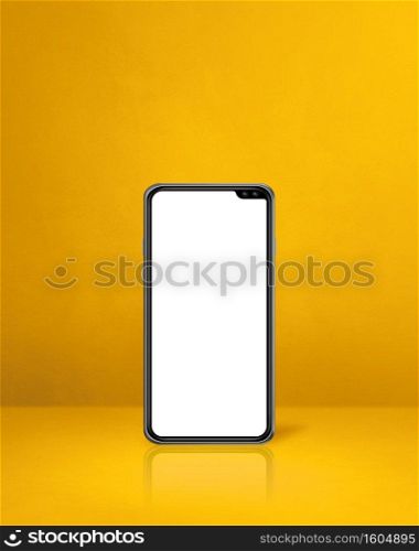 Mobile phone on yellow office desk background. 3D Illustration. Mobile phone on yellow office desk background