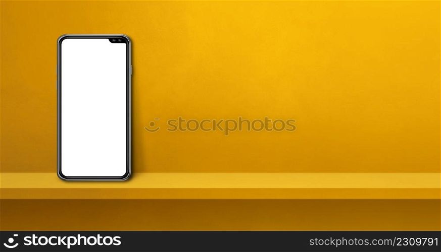 Mobile phone on yellow wall shelf. Horizontal background banner. 3D Illustration. Mobile phone on yellow wall shelf. Background banner