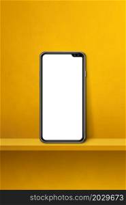 Mobile phone on yellow wall shelf. Vertical background. 3D Illustration. Mobile phone on yellow wall shelf. Vertical background