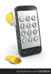 Mobile phone payment. Payphone keyboartd and coins. 3d