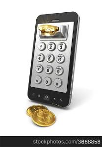 Mobile phone payment. Payphone keyboartd and coins. 3d