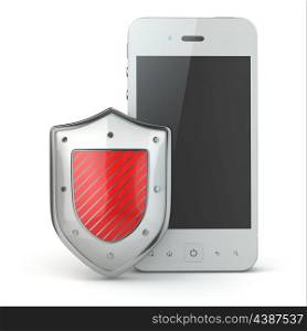 Mobile phone security concept. Cellphone and shield. 3d