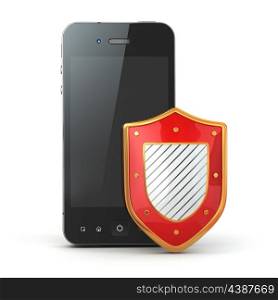 Mobile phone security concept. Cellphone and shield. 3d