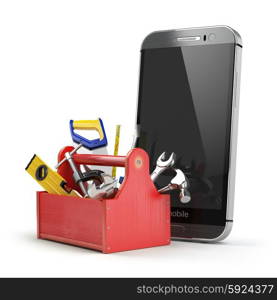 Mobile phone service concept. Online support. Smartphone with toolbox and tools on white isolated background. 3d