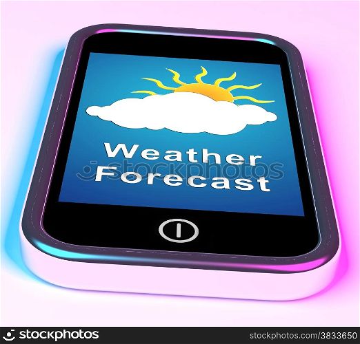 Mobile Phone Shows Cloudy Sun Weather Forecast. Mobile Phone Showing Cloudy Sun Weather Forecast