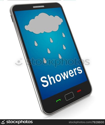 Mobile Phone Shows Rain Weather Forecast. Showers On Mobile Meaning Rain Rainy Weather