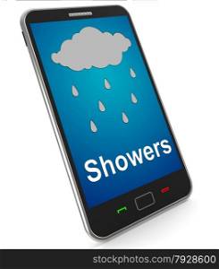 Mobile Phone Shows Rain Weather Forecast. Showers On Mobile Meaning Rain Rainy Weather