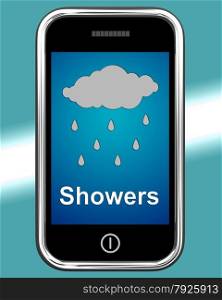 Mobile Phone Shows Rain Weather Forecast. Showers On Phone Meaning Rain Rainy Weather