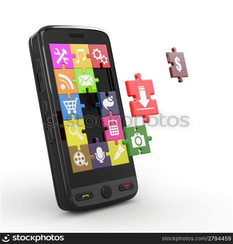 Mobile phone software. Screen from puzzle with icons. 3d