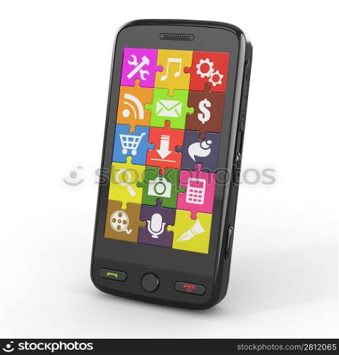 Mobile phone software. Screen from puzzle with icons. 3d
