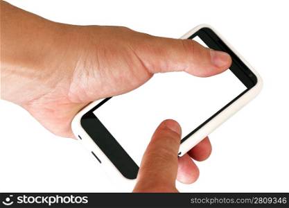 Mobile phone with blank screen in a man&acute;s hand. Isolated on a white background.