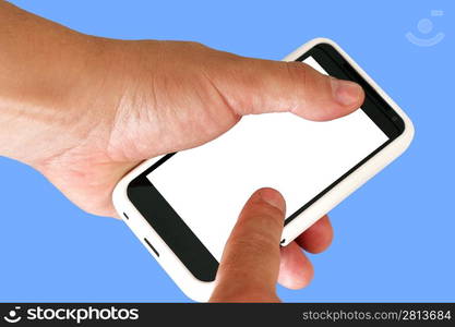 Mobile phone with blank screen in a man&acute;s hand.