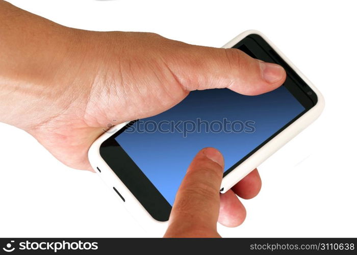 Mobile phone with blank screen in a man&acute;s hand. Isolated on a white background.