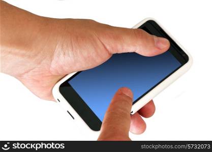 Mobile phone with blank screen in a man&rsquo;s hand. Isolated on a white background.