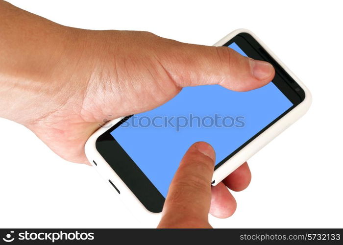 Mobile phone with blank screen in a man&rsquo;s hand. Isolated on a white background.