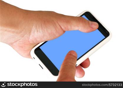 Mobile phone with blank screen in a man&rsquo;s hand. Isolated on a white background.