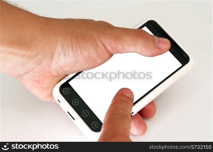 Mobile phone with blank screen in a man&rsquo;s hand.