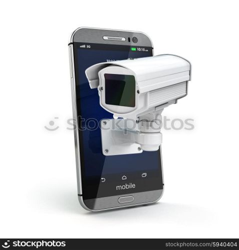 Mobile phone with CCTV camera. Security or privacy concept. 3d