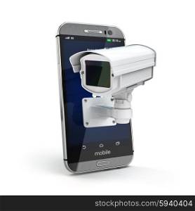 Mobile phone with CCTV camera. Security or privacy concept. 3d