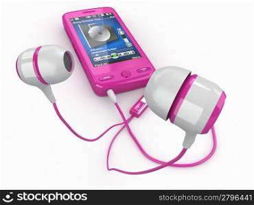 Mobile phone with headphones on white background. 3d