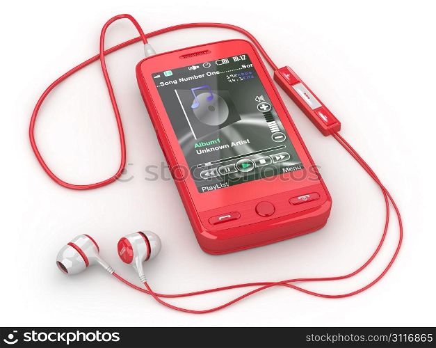 Mobile phone with headphones on white background. 3d