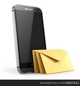 Mobile phone with short message service. Smartphone with envelopes. Sms concept. 3d
