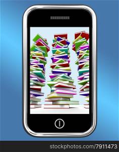 Mobile Phone With Stacks Of Books Shows Online Knowledge. Mobile Phone With Stacks Of Books Showing Online Knowledge