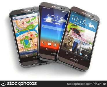 Mobile phones on white isolated background. 3d