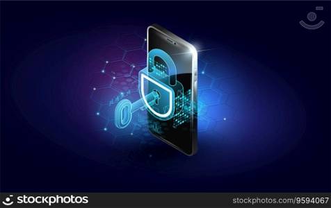 Mobile security modern concept. Smart app protects smart phone from thefts and hacker attacks. security lock inside technology. automatic protection. Vector illustration.