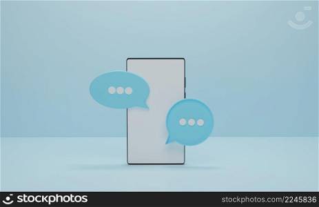 Mobile smartphone and chat bubbles on blue pastel background. Mockup minimal for social media, messages or SMS. 3D rendering Illustration.