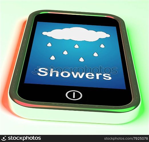 Mobile Smartphone Shows Rain Weather Forecast. Showers On Phone Meaning Rain Rainy Weather