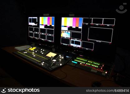 mobile TV studio with monitors for filming shows and programs. mobile TV studio with monitors for filming shows
