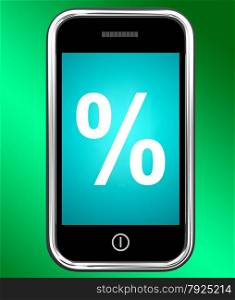 Mobile With At Sign For Emailing Or Contacting. Percent Sign On Phone Showing Percentage Discount Or Investment