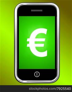 Mobile With At Sign For Emailing Or Contacting. Euro Sign On Phone Showing European Currency
