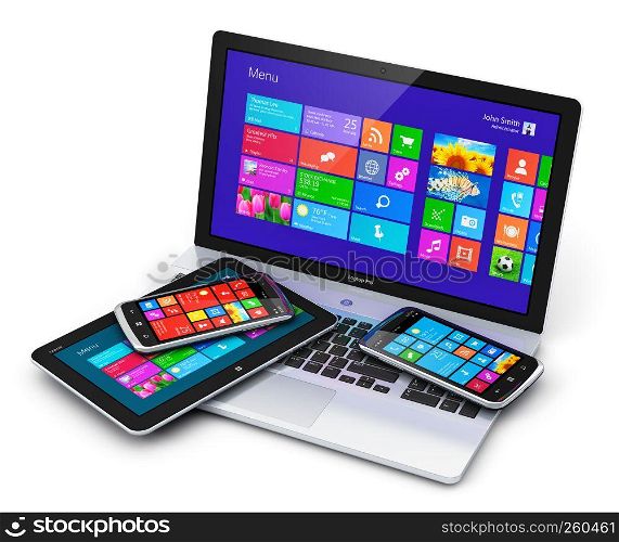 Mobility and business telecommunication technology concept: modern mobile devices with touchscreen interface - office laptop or notebook, tablet computer PC and black glossy smartphone or mobile phone isolated on white background with reflection effect