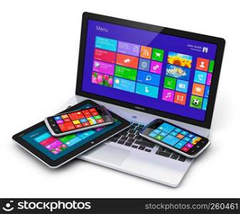 Mobility and business telecommunication technology concept: modern mobile devices with touchscreen interface - office laptop or notebook, tablet computer PC and black glossy smartphone or mobile phone isolated on white background with reflection effect
