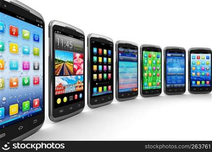 Mobility and wireless telecommunication concept: group of modern black glossy touchscreen smartphones with colorful mobile application interfaces with color icons and buttons isolated on white background
